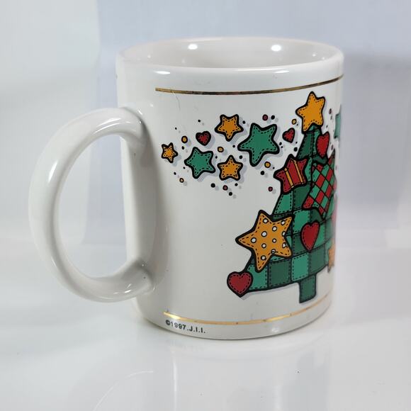 Vintage 1997 Christmas Mug JII Patchwork Tree Stars Holiday Coffee Cup - Picture 5 of 10